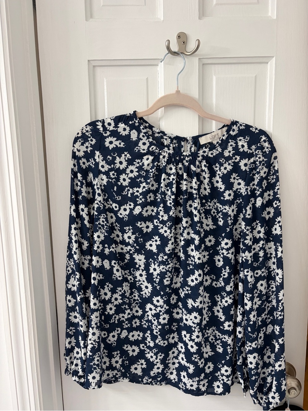 LOFT Navy and White Floral Long-Sleeve Top
